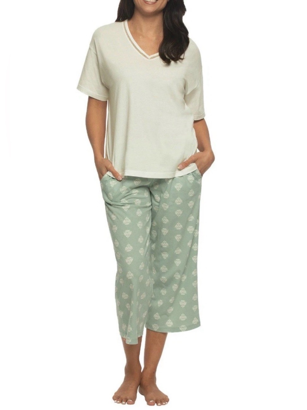 Women's Four-Piece Sage & Cream Sleep Set - Lightweight Camisole & Lounge Pants - Picture 3 of 5